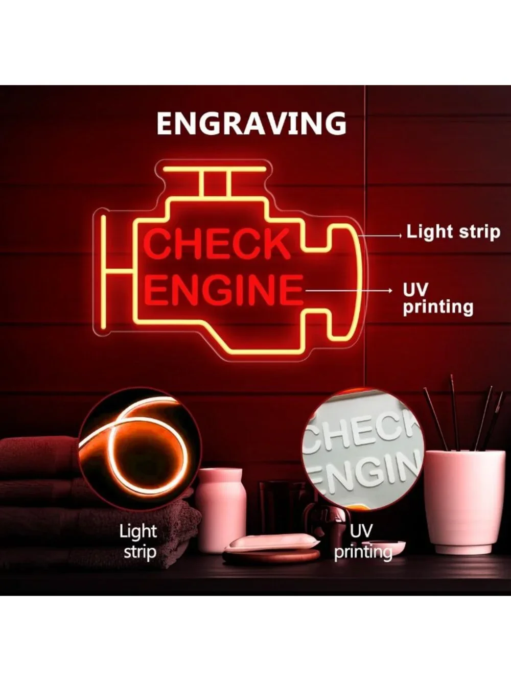 Dimmable LED Neon Sign - 15x11in Check Engine Light for Garage Wall Decor, USB